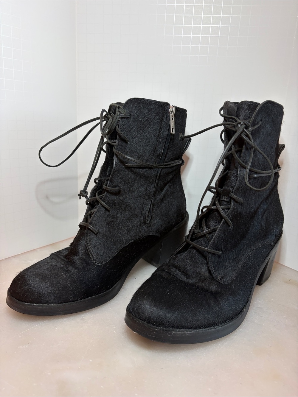 UGG Oriana Exotic Cowhide Black Lace-Up Ankle Boots with Block Heel, size 8.5